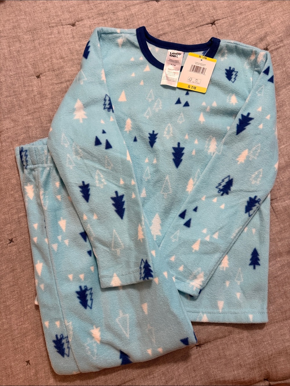 Lands' End Light Blue Fleece Pajama Set with Tree Print